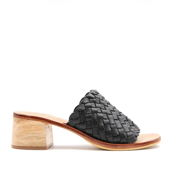 Coastal Summer Black Woven Slide Wooden Block Heel Leather Mules Liberté - Picture 12 of 14